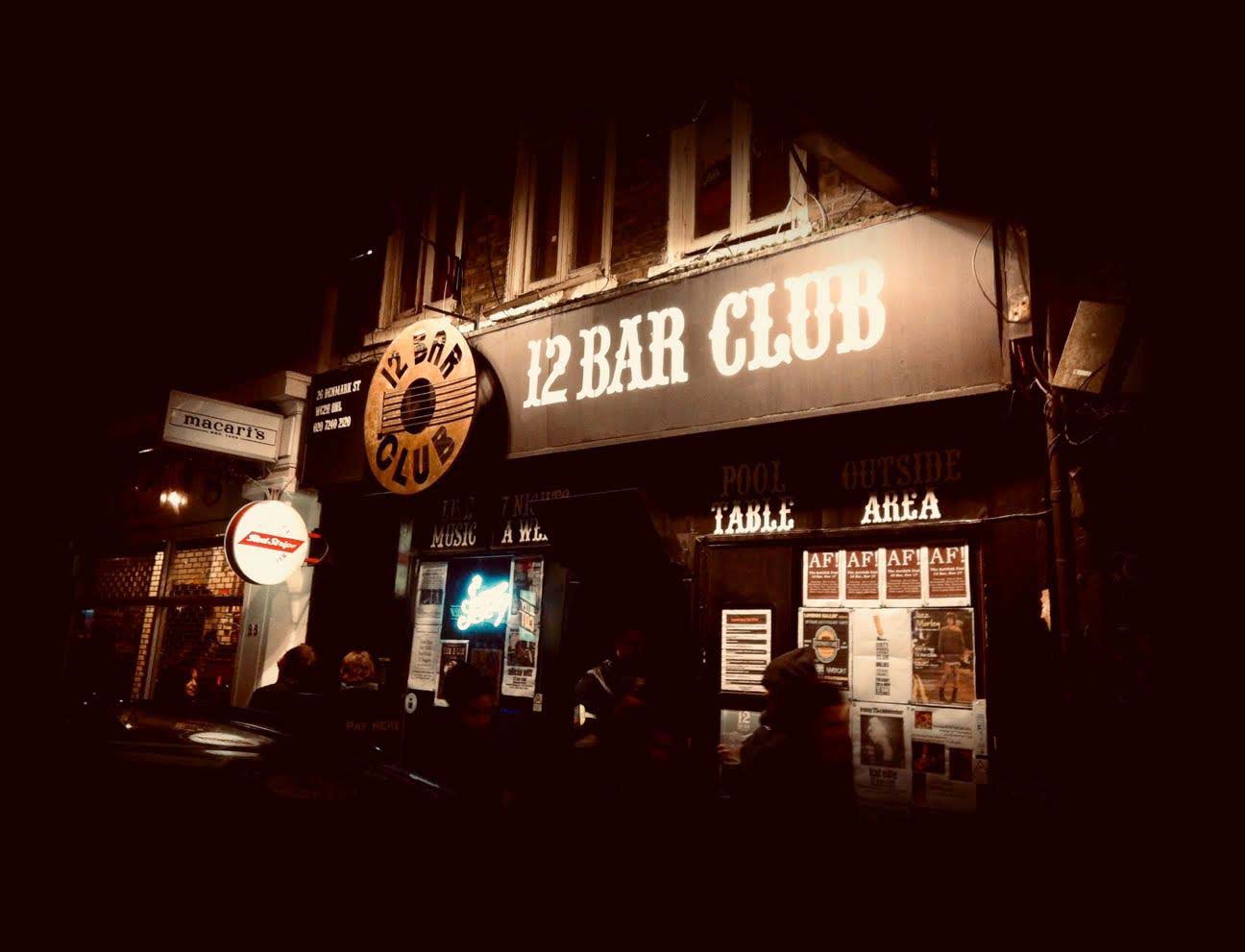 Exterior of the 12 Bar Club on Denmark Street at night