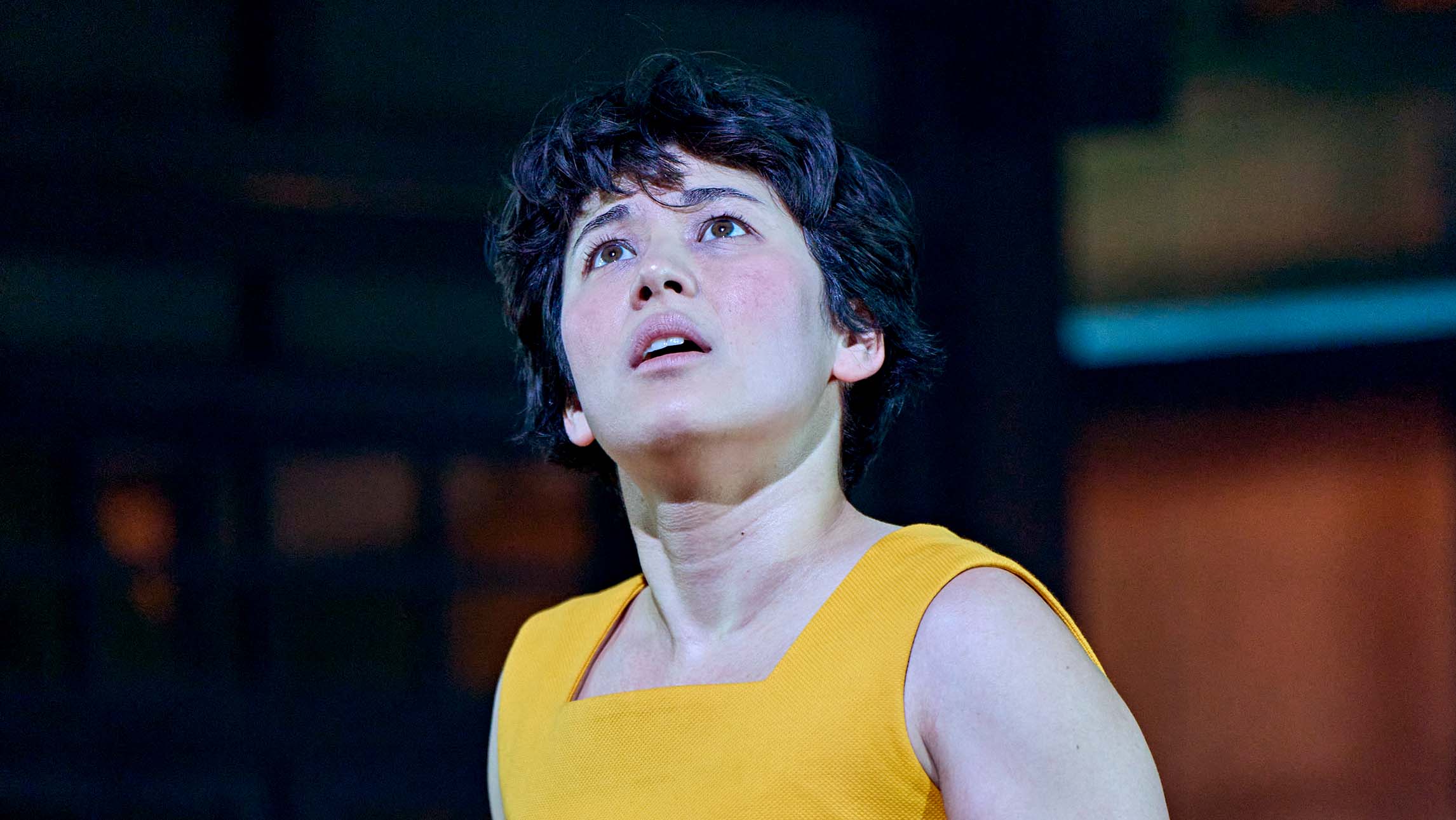 A head shot of an actor in My Neighbour Totoro theatre production at the Gillian Lynne Theatre, London