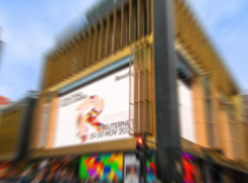 A blurred image of the Outernet building exterior