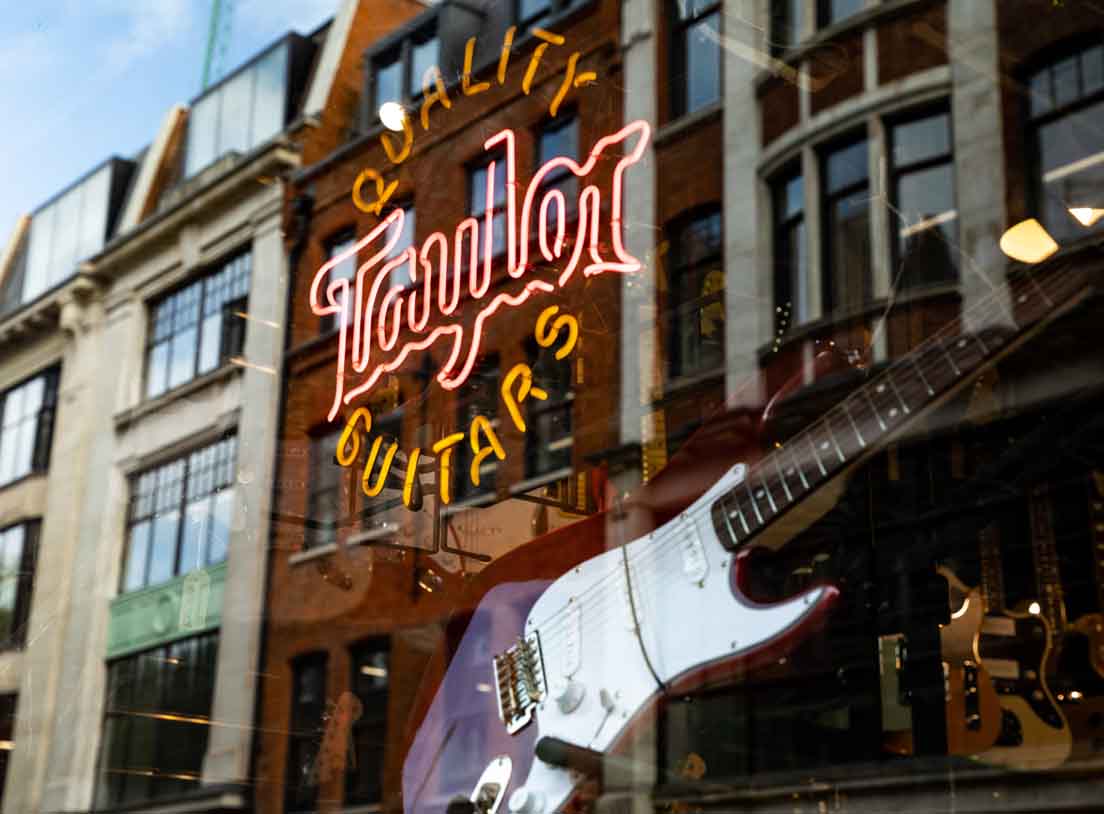 Guitar in shop window on Denmark Street