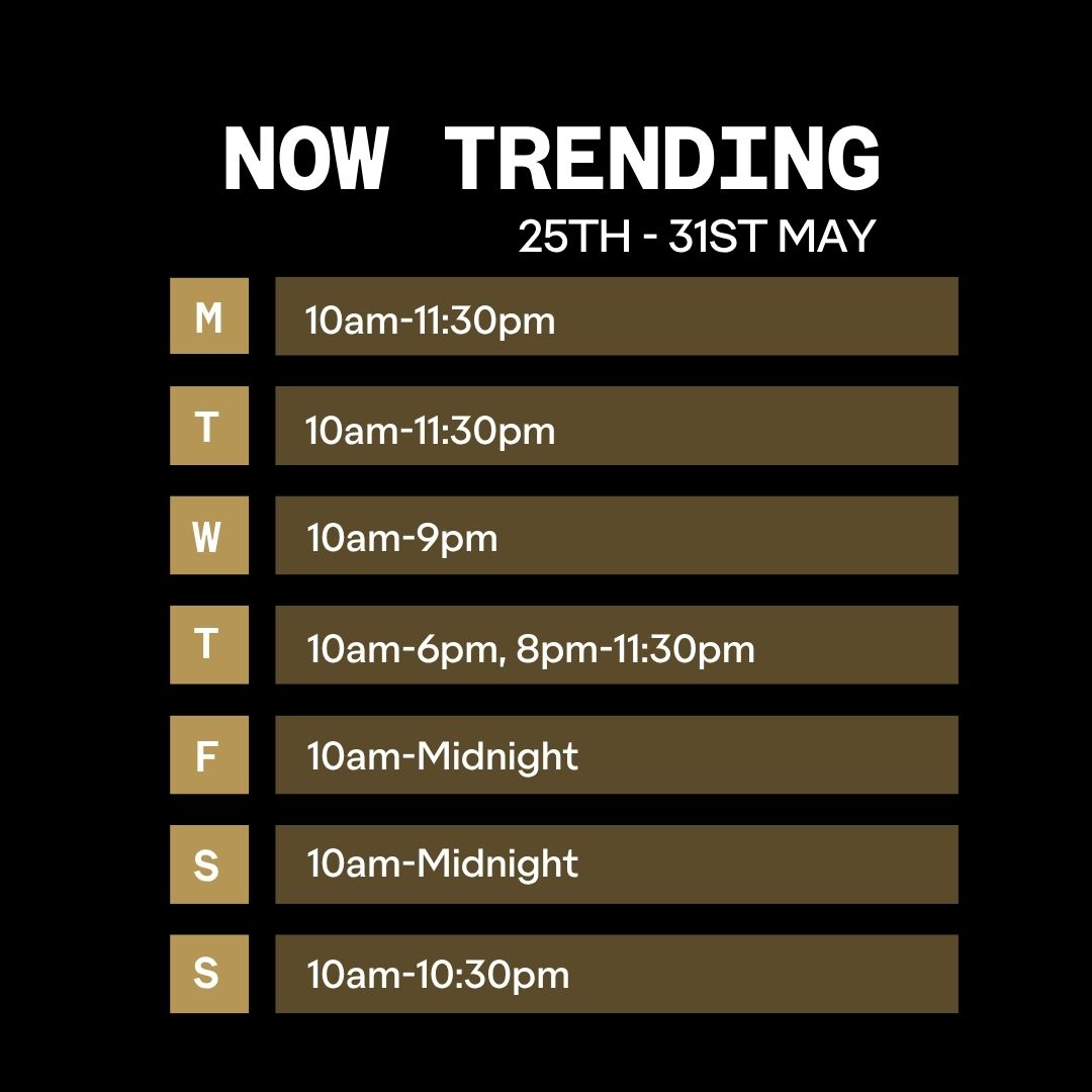 Opening Times for Now Trending 25-31 May 2026