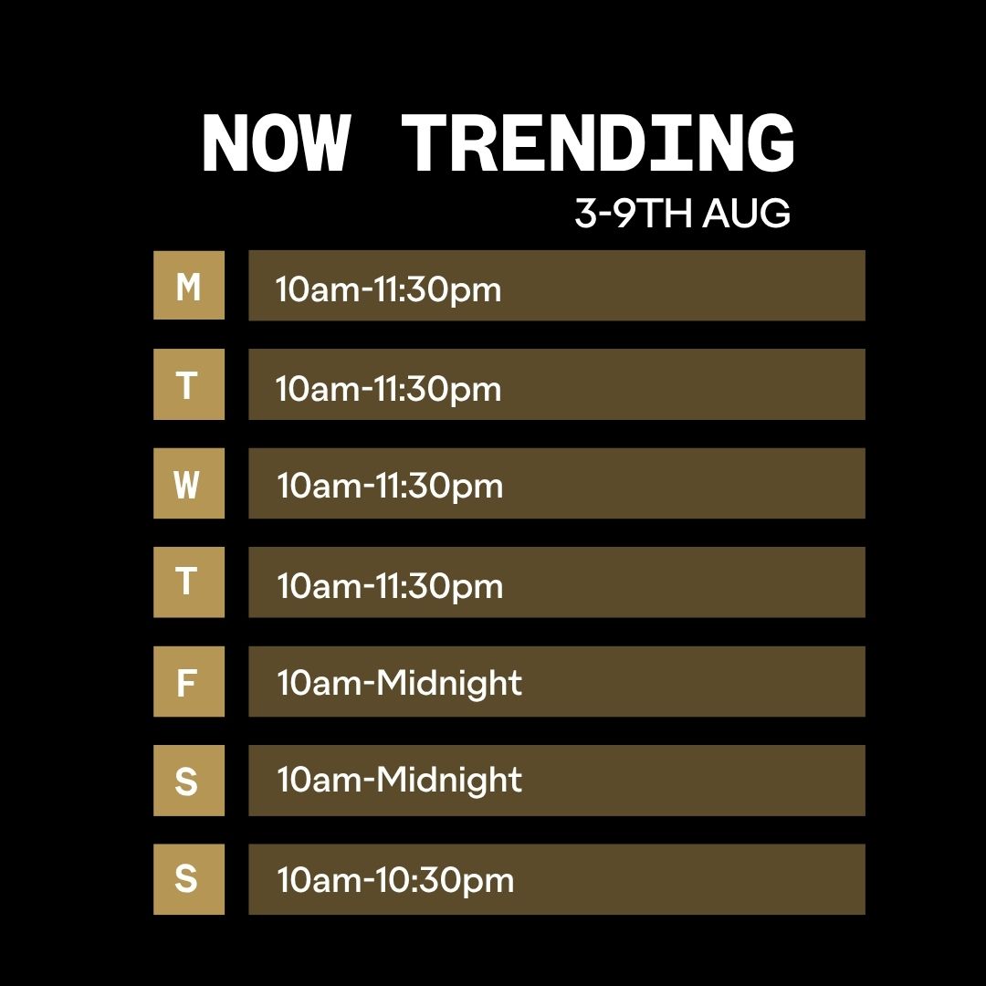 Opening Times for Now Trending Week 3 Aug 2026