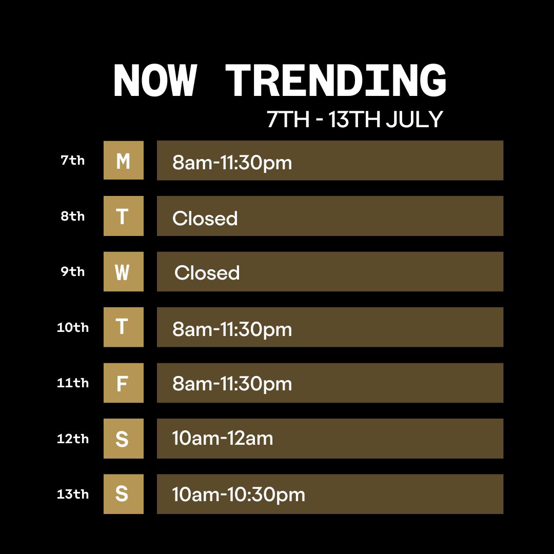Opening Times for the Now Trending Building 24th June to 30th June. Monday to Thursday 10am-11:30pm. Friday and Saturday 10am to Midnight. Sunday 10am-10:30pm
