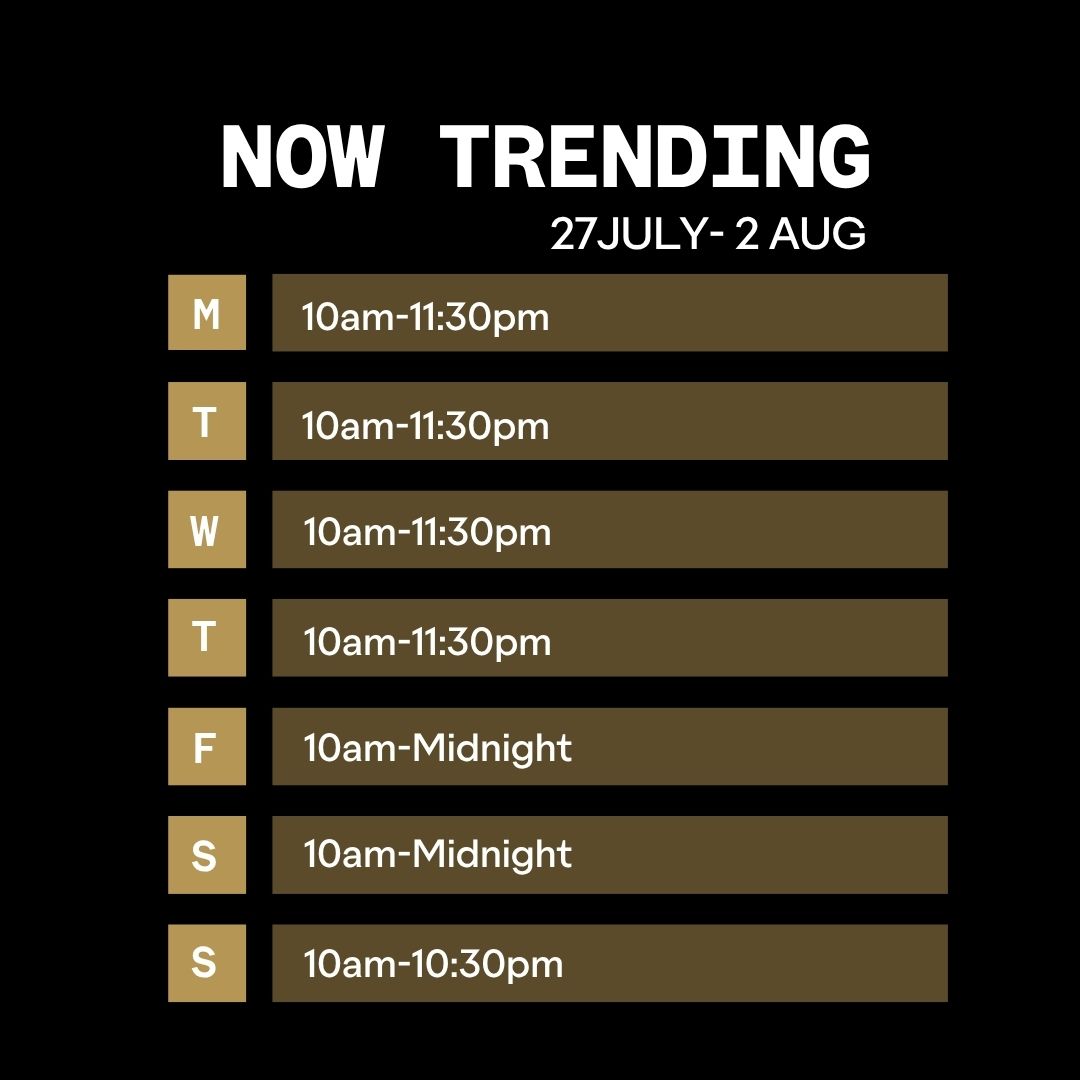 Opening Times for Now Trending Week 27 July 2026