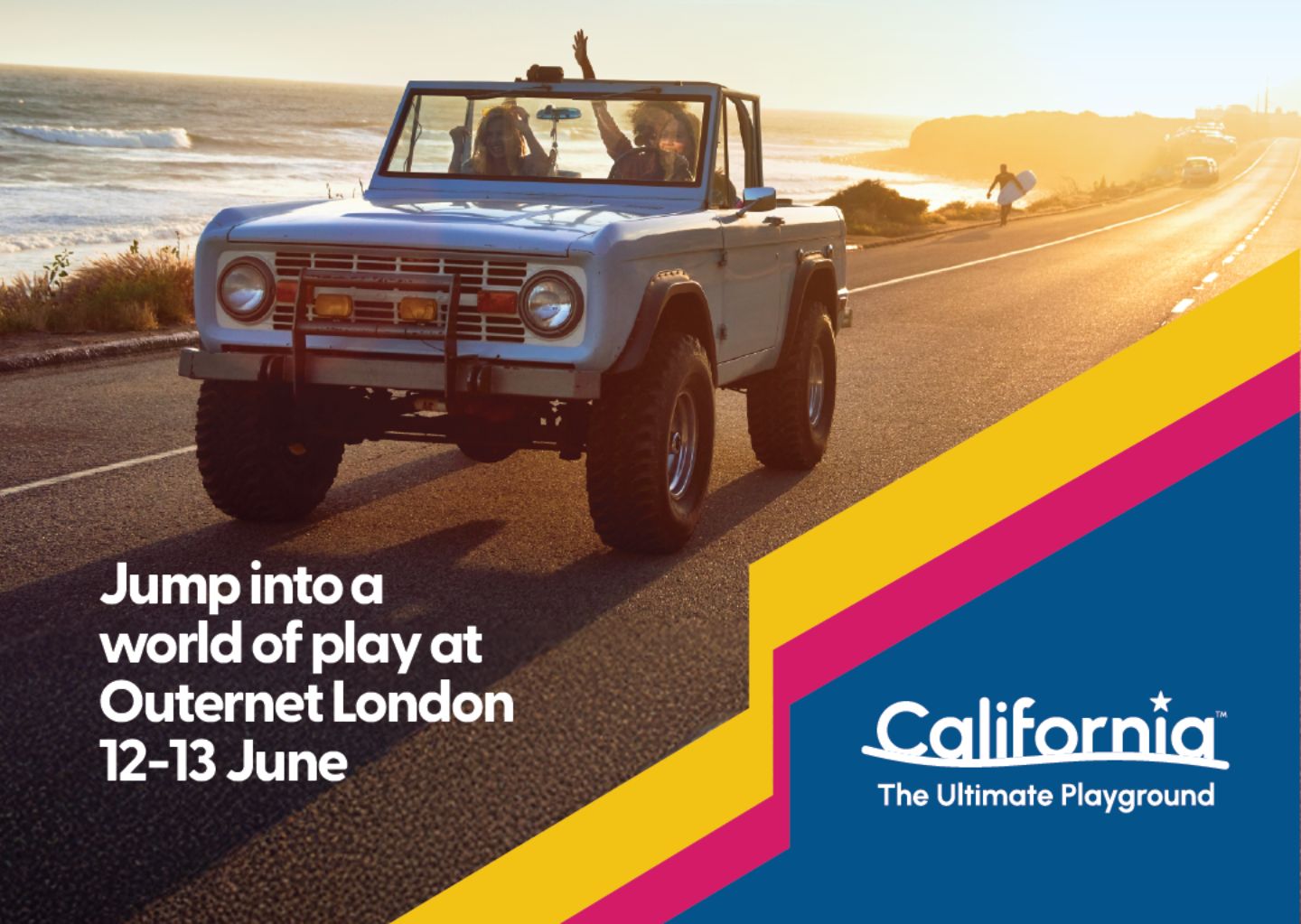 Visit California Ad featuring a Jeep on a coast road